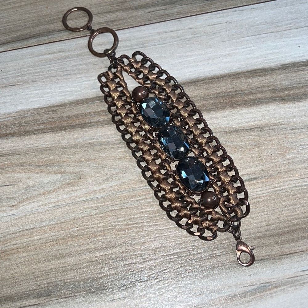 Ribbon And Chain Bracelet With Rhinestones Statement Piece